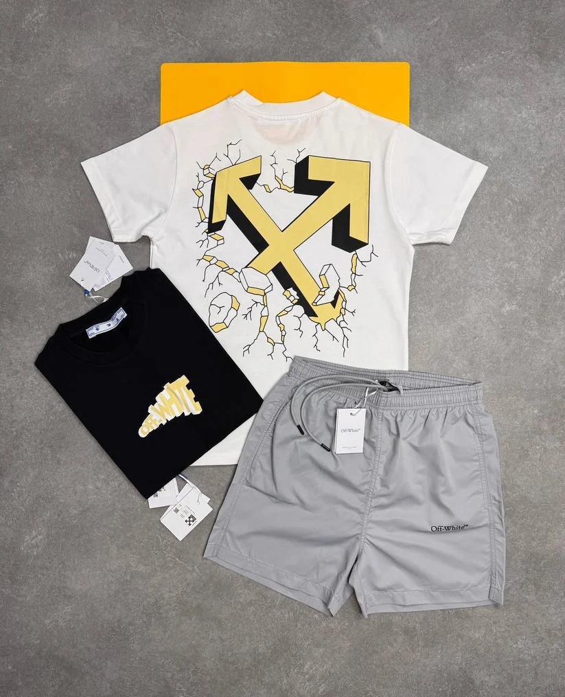 Off-White Cartoon Arrow Slim Tee & Shorts Set AAA Quality grey and white