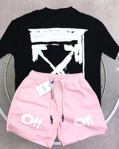 Off-White Ink Arrow Clone Quality T-Shirt & Shorts Set black and pink
