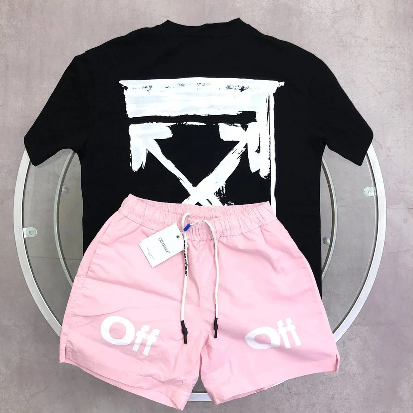 Off-White Ink Arrow Clone Quality T-Shirt & Shorts Set black and pink