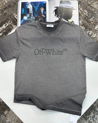Off-White Logo Embroidered Faded Grey Cotton T-Shirt AAA Quailty