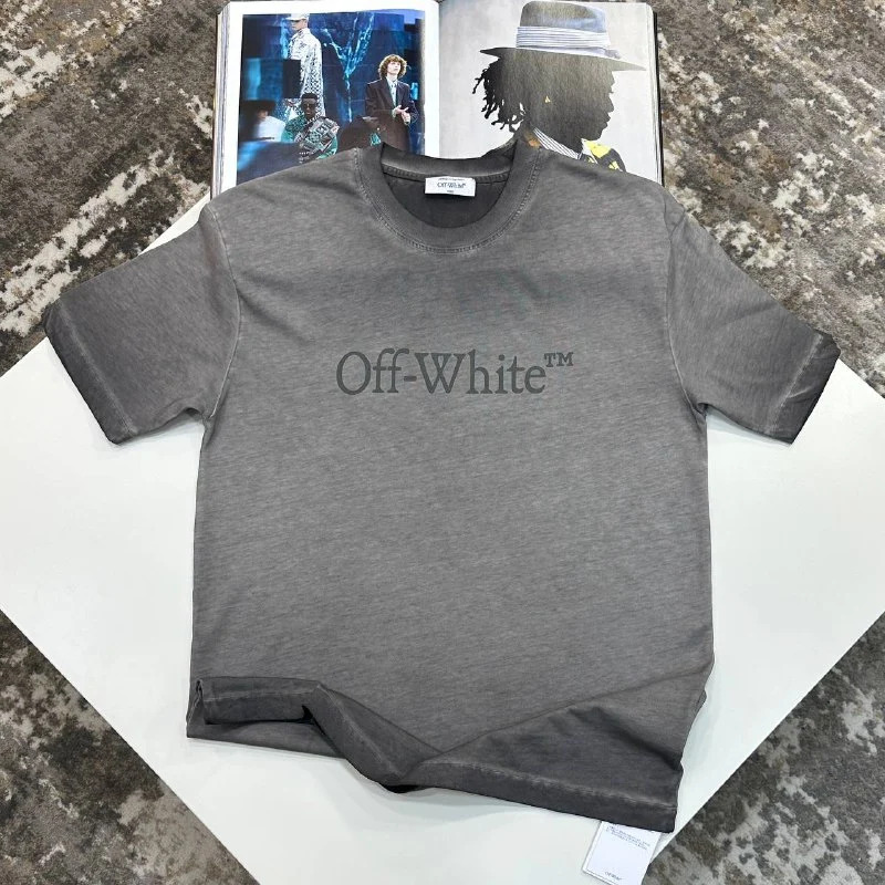 Off-White Logo Embroidered Faded Grey Cotton T-Shirt AAA Quailty