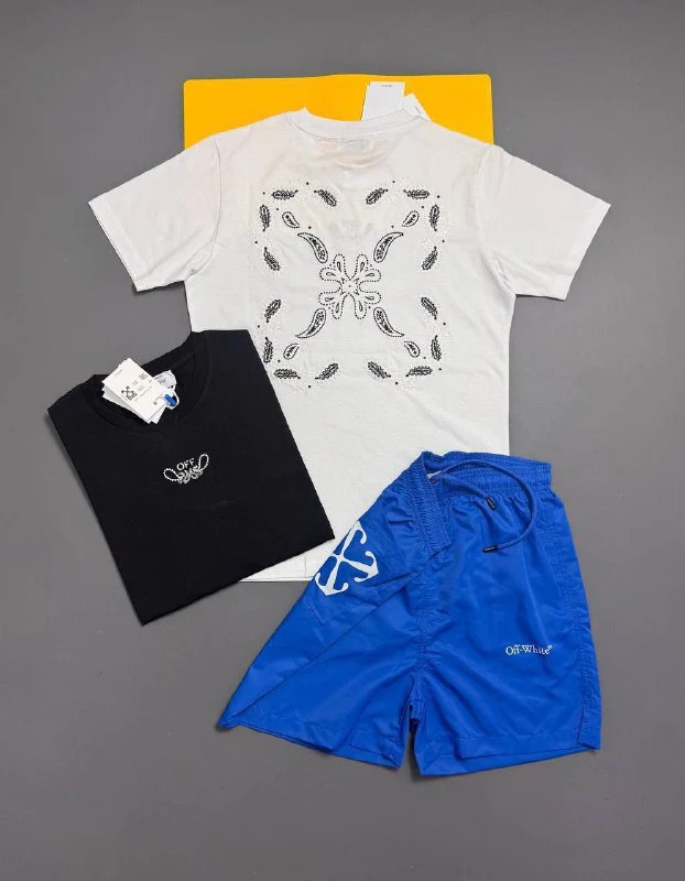 Off-White Men's Luxury Bandana Arrow Urban T-Shirt & Shorts Set Collection AAA Quality Reps UK blue and white