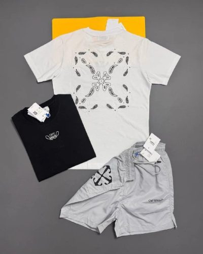 Off-White Men's Luxury Bandana Arrow Urban T-Shirt & Shorts Set Collection AAA Quality Reps UK gray and white