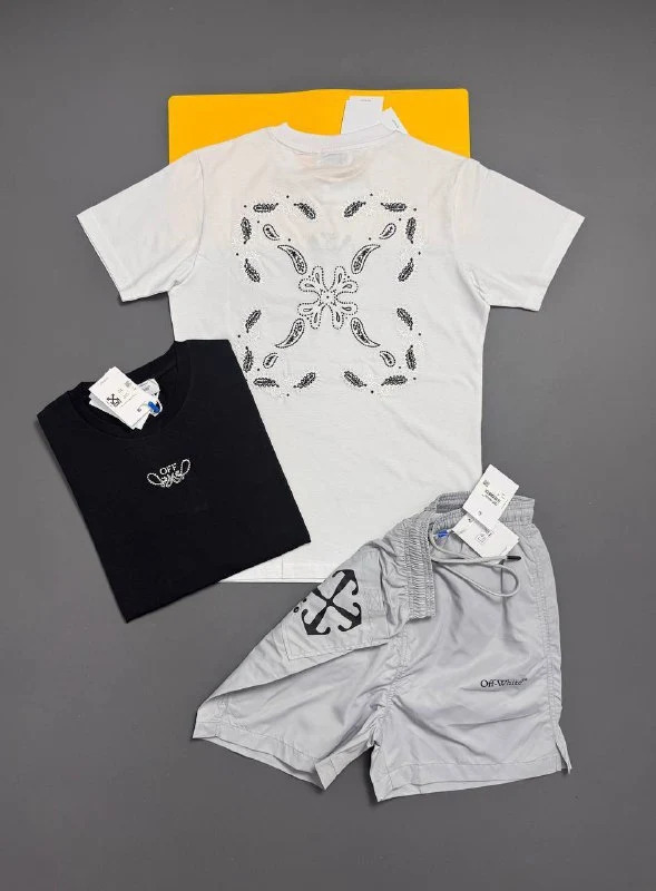 Off-White Men's Luxury Bandana Arrow Urban T-Shirt & Shorts Set Collection AAA Quality Reps UK gray and white