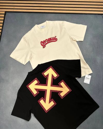 Off-White Tape Arrow Super Clone Luxury Fake Quality Black Skate T-Shirt