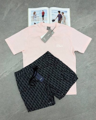 Men's White T-Shirt and Oblique Motif Shorts Set