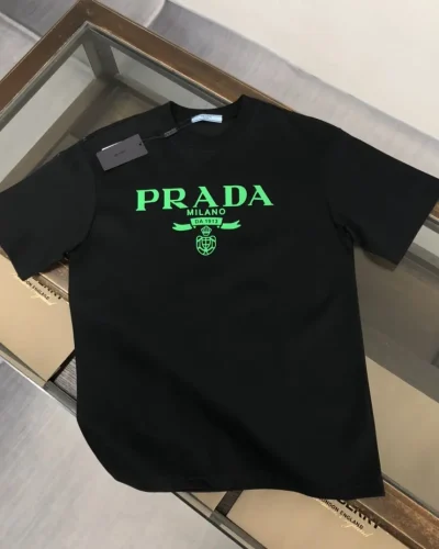 Prada Black Cotton T-Shirt with Green Logo and Embroidered Detail Super Clone Quailty