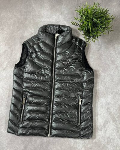 Prada Clone Quality Glossy Black Enamel Triangle Padded Bodywarmer for Men