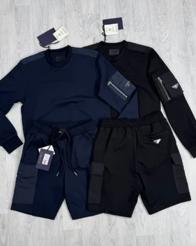 Prada Cotton Fleece Luxury Replica Sweatshirt and Cargo Shorts Set for Men