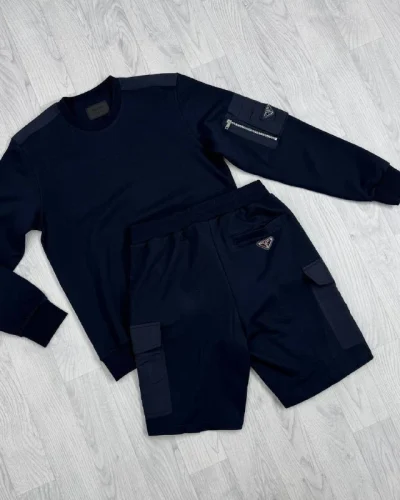 Prada Cotton Fleece Luxury Replica Sweatshirt and Cargo Shorts Set for Men navy Prada Cotton Fleece Luxury Replica Sweatshirt and Cargo Shorts Set for Men navy