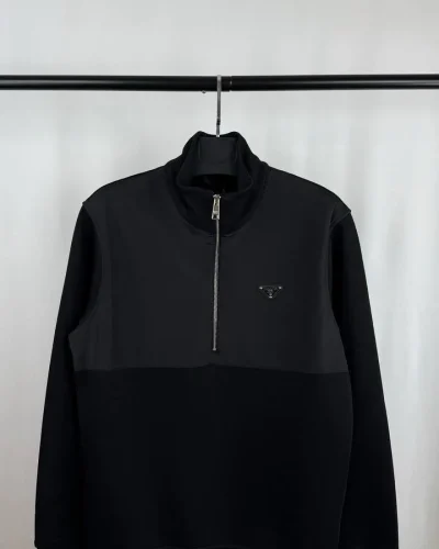 Prada Cotton Half-Zip Designer Jumper with Re-Nylon Details – Black