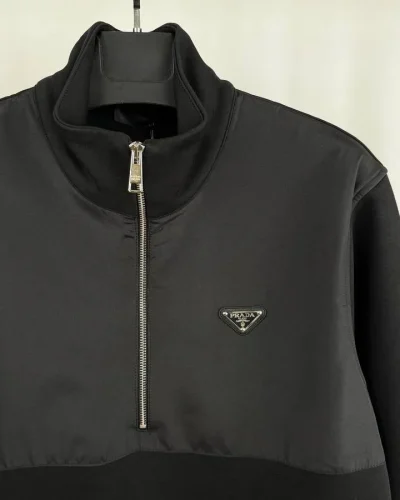 Prada Cotton Half-Zip Designer Jumper with Re-Nylon Details – Black