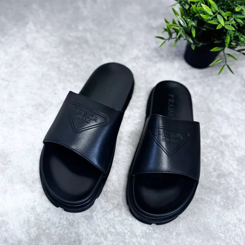 Prada Embossed Logo Casual Replica Sliders – Black