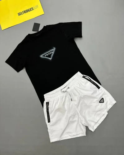 Prada Graphic 1:1 Mirror Quality T-Shirt and White Technical Shorts Set for Men