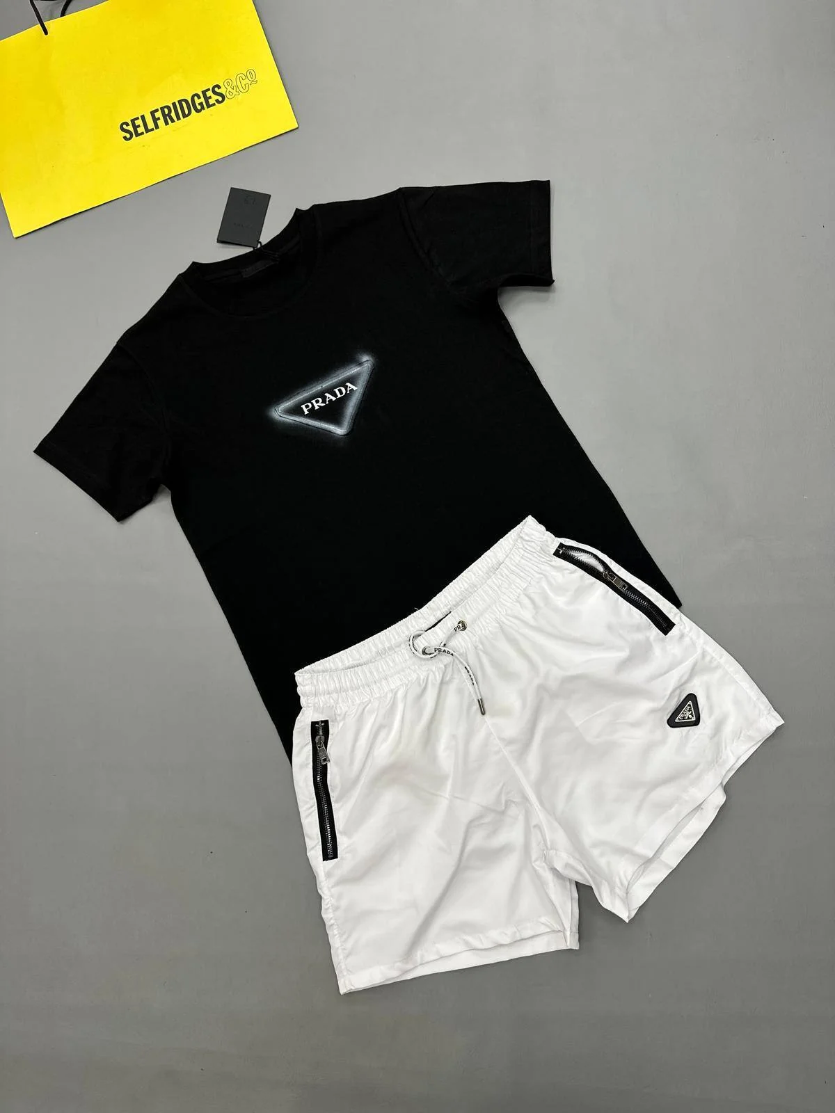 Prada Graphic 1:1 Mirror Quality T-Shirt and White Technical Shorts Set for Men