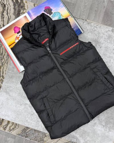 Prada Logo Puffer Fake Designer Bodywarmer for Men – Black