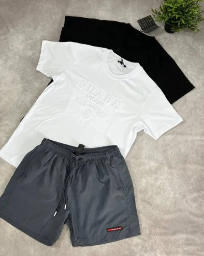 Prada Milano Embossed Logo Reps AAA Quality T-Shirt and Shorts Set for Men