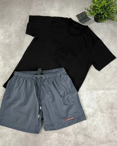 Prada Milano Embossed Logo Reps AAA Quality T-Shirt and Shorts Set for Men black