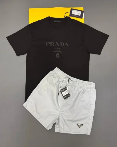 Prada Milano Embroidered T-Shirt and Logo Shorts Set for Men – 2 Colours