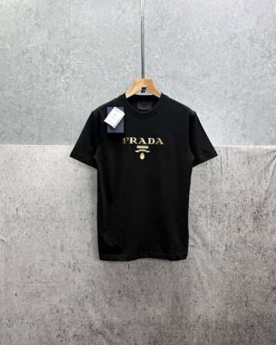 Prada Milano Gold-Embroidered Logo AAA Quality T-Shirt