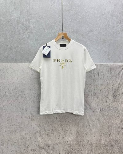 Prada Milano Gold-Embroidered Logo AAA Quality T-Shirt white color