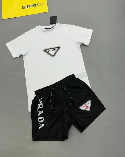 Prada Milano Graphic Super Clone Quality T-Shirt and Black Nylon Shorts Set for Men