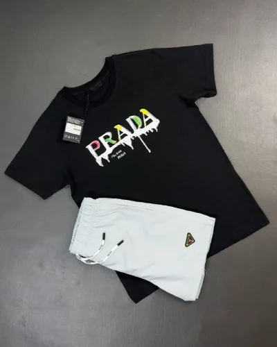 Prada Milano Paint-Splatter Logo Replica T-Shirt and Shorts Set for Men – Multiple Colour