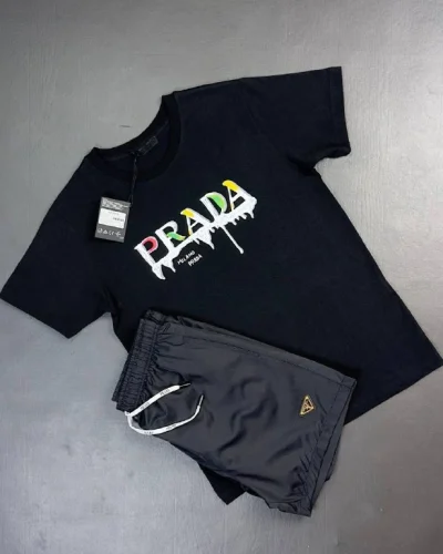 Prada Milano Paint-Splatter Logo Replica T-Shirt and Shorts Set for Men – Multiple Colour Prada Milano Paint-Splatter Logo Replica T-Shirt and Shorts Set for Men – Multiple Colour