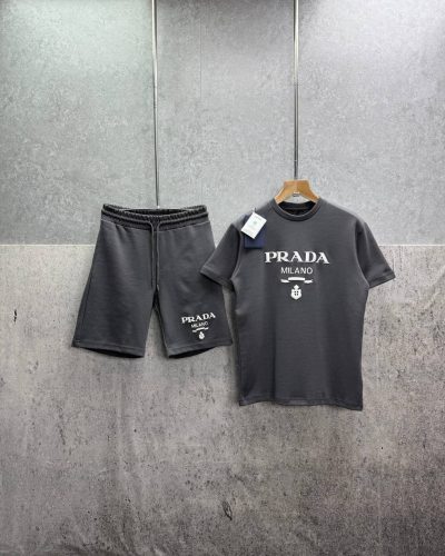 Prada Milano Triangle Logo Super Clone Quality T-Shirt and Shorts Set for Men grey