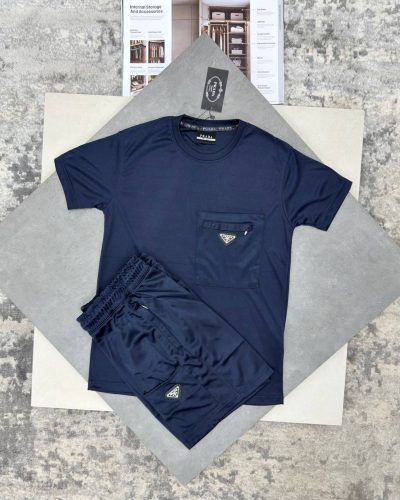 Prada Navy Triangle Logo Copy T-Shirt and Shorts Set for Men
