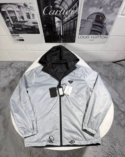 Prada Re-Nylon Reversible Hooded Jacket for Men – Silver/Black