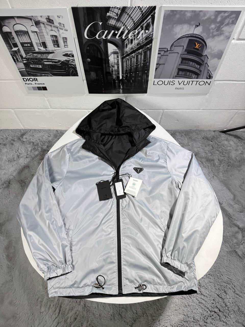 Prada Re-Nylon Reversible Hooded Jacket for Men – Silver/Black