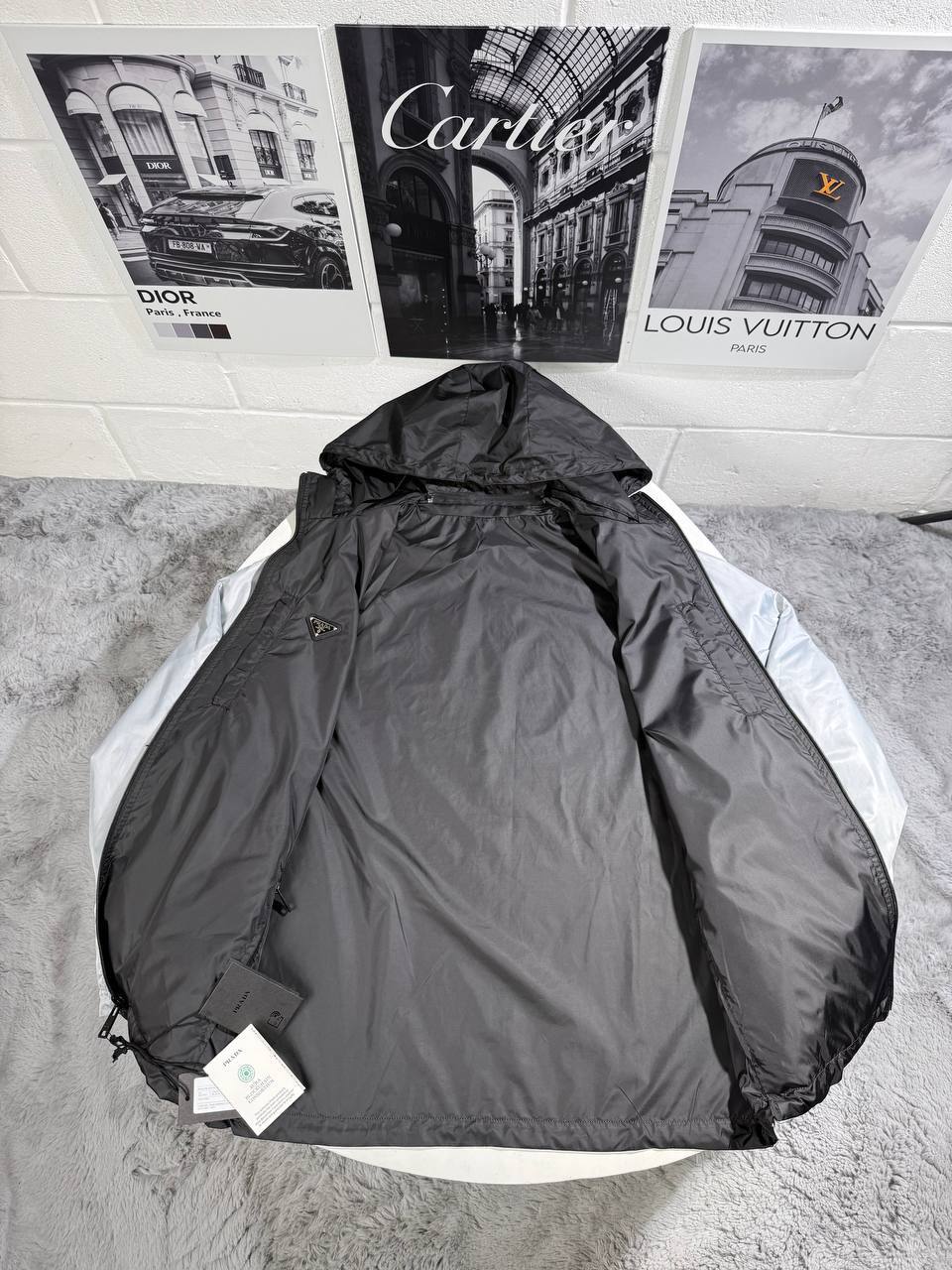 Prada Re-Nylon Reversible Hooded Premium Quality Jacket for Men – Silver/Black - Image 3