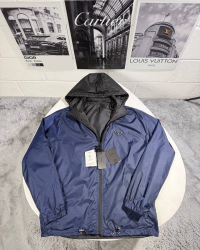 Prada Re-Nylon Reversible Hooded Replica Jacket for Men – Navy Blue/Black