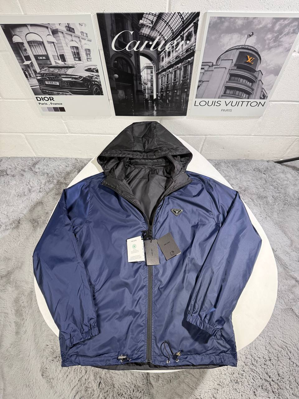 Prada Re-Nylon Reversible Hooded Replica Jacket for Men – Navy Blue/Black