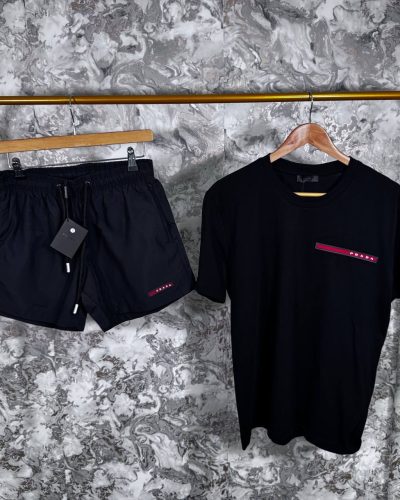 Prada Red Logo T-Shirts and Drawstring Shorts Set for Men – Black Colours Prada Red Logo T-Shirts and Drawstring Shorts Set for Men – Black Colours