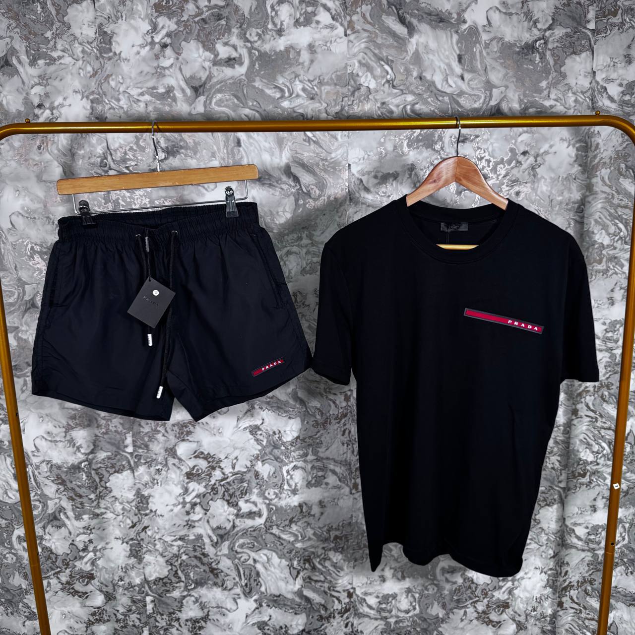 Prada Red Logo T-Shirts and Drawstring Shorts Set for Men – Black Colours
