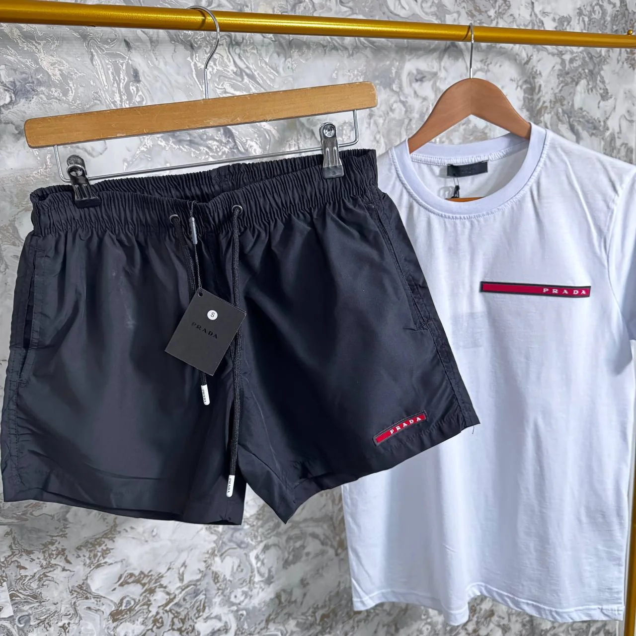 Prada Red Logo T-Shirts and Drawstring Shorts Set for Men – Multiple Colours - Image 4