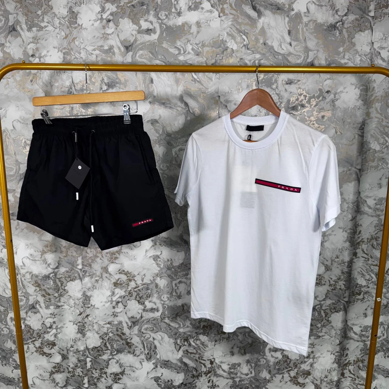 Prada Red Logo T-Shirts and Drawstring Shorts Set for Men – Black with white