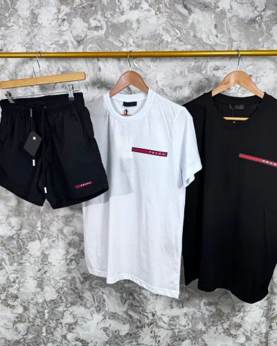 Prada Red Logo T-Shirts and Drawstring Shorts Set for Men – Multiple Colours