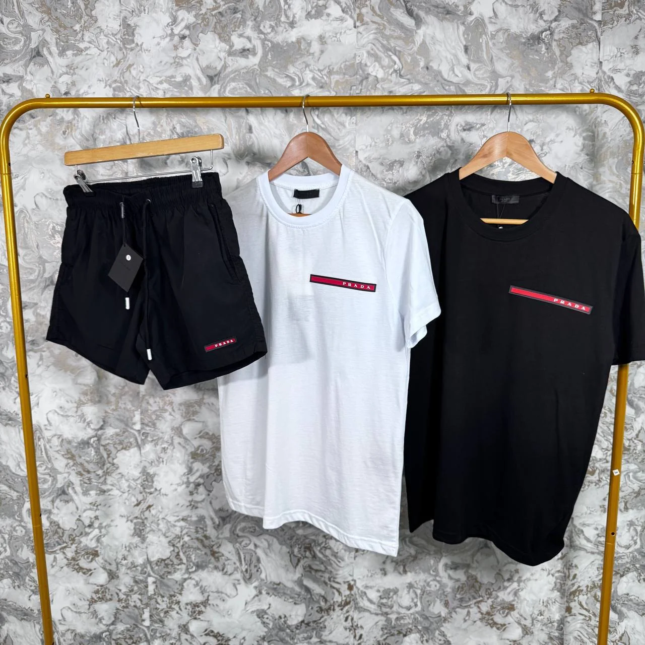 Prada Red Logo T-Shirts and Drawstring Shorts Set for Men – Multiple Colours