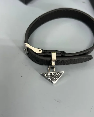 Prada Saffiano Leather Triangle Logo Bracelet for Men