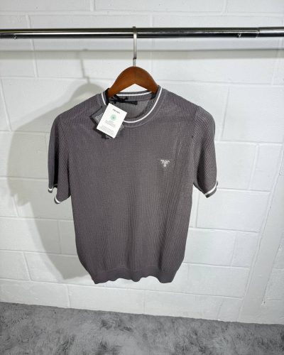 Prada Silk and Cotton Crew-Neck Knitted Luxury Fake T-Shirt for Men grey