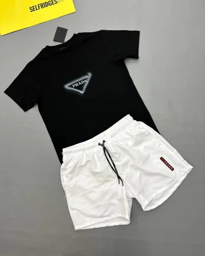 Prada Triangle Graphic Designer T-Shirt and White Shorts Set for Men