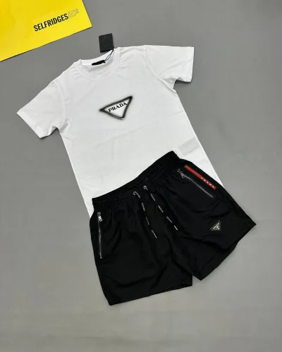 Prada Triangle Graphic Luxury Fake T-Shirt and Black Technical Shorts Set for Men