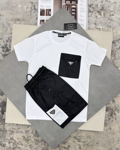 Prada Triangle Logo AAA Quality T-Shirt and Contrast Pocket Shorts Set for Men