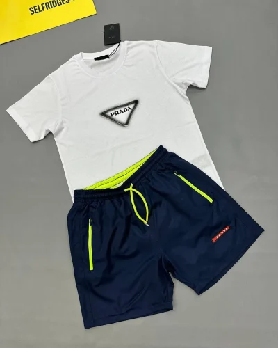 Prada Triangle Logo Clone Quality T-Shirt and Navy Technical Shorts Set for Men