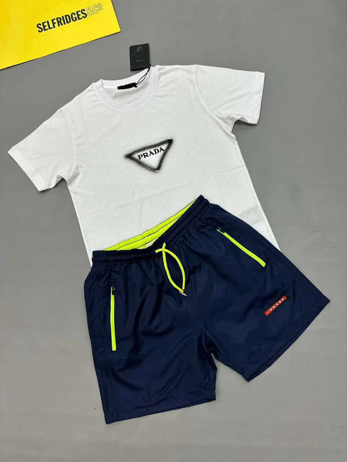 Prada Triangle Logo Clone Quality T-Shirt and Navy Technical Shorts Set for Men