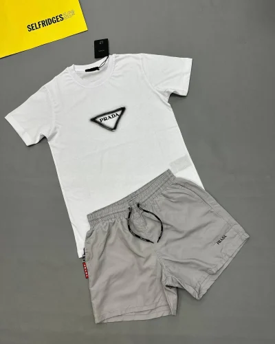Prada Triangle Logo Fake Designer T-Shirt and Grey Re-Nylon Shorts Set for Men