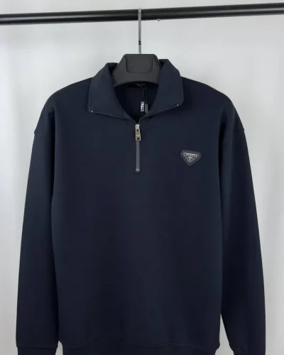 Prada Triangle Logo Half-Zip Cotton First Copy Jumper for Men – navy blue